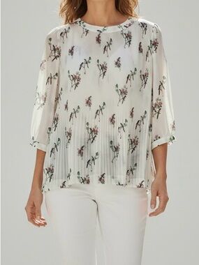 Ted Baker White Sheer Pleated Floral Blouse